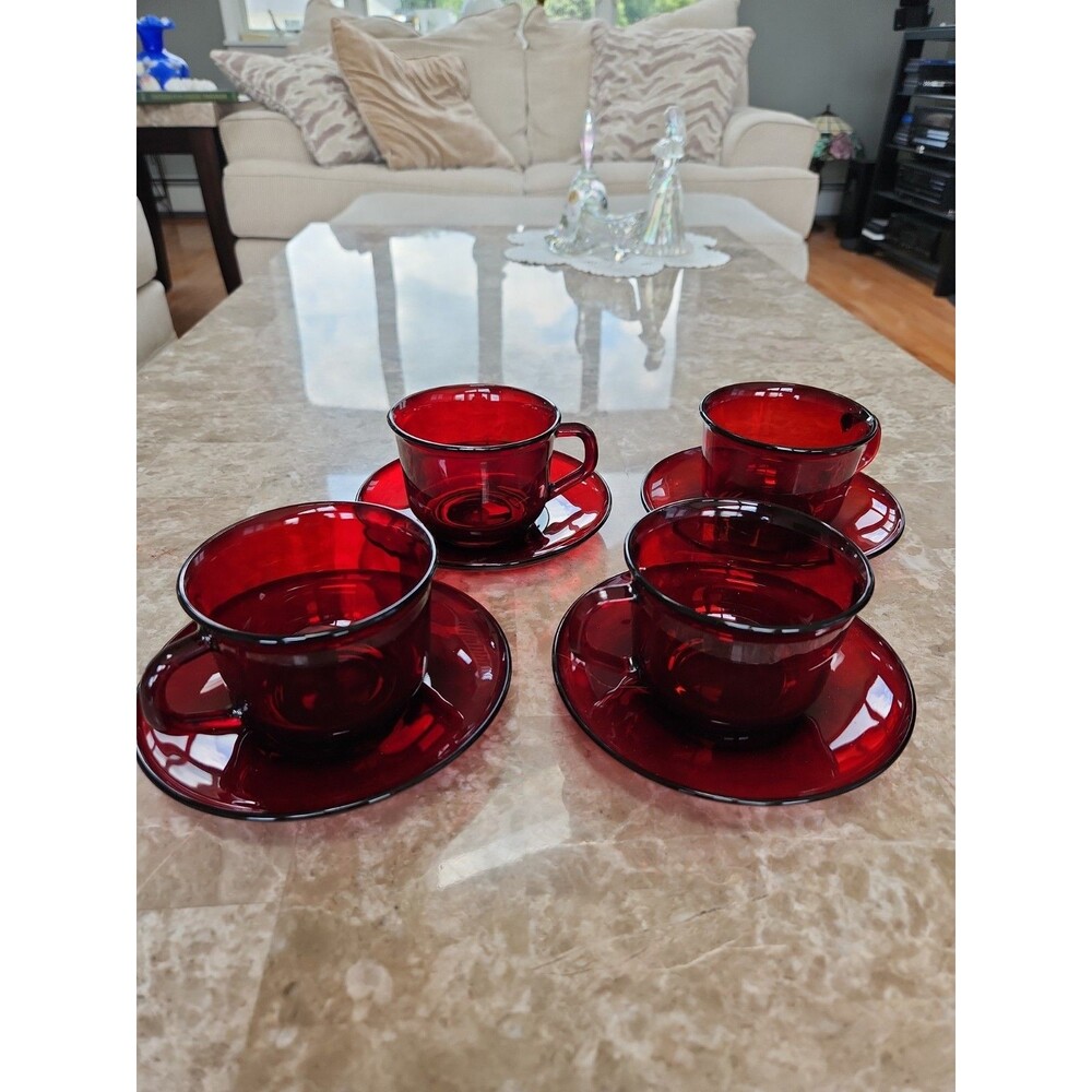VTG Arcoroc France Ruby Red Glass Cups and Saucers 4 Sets